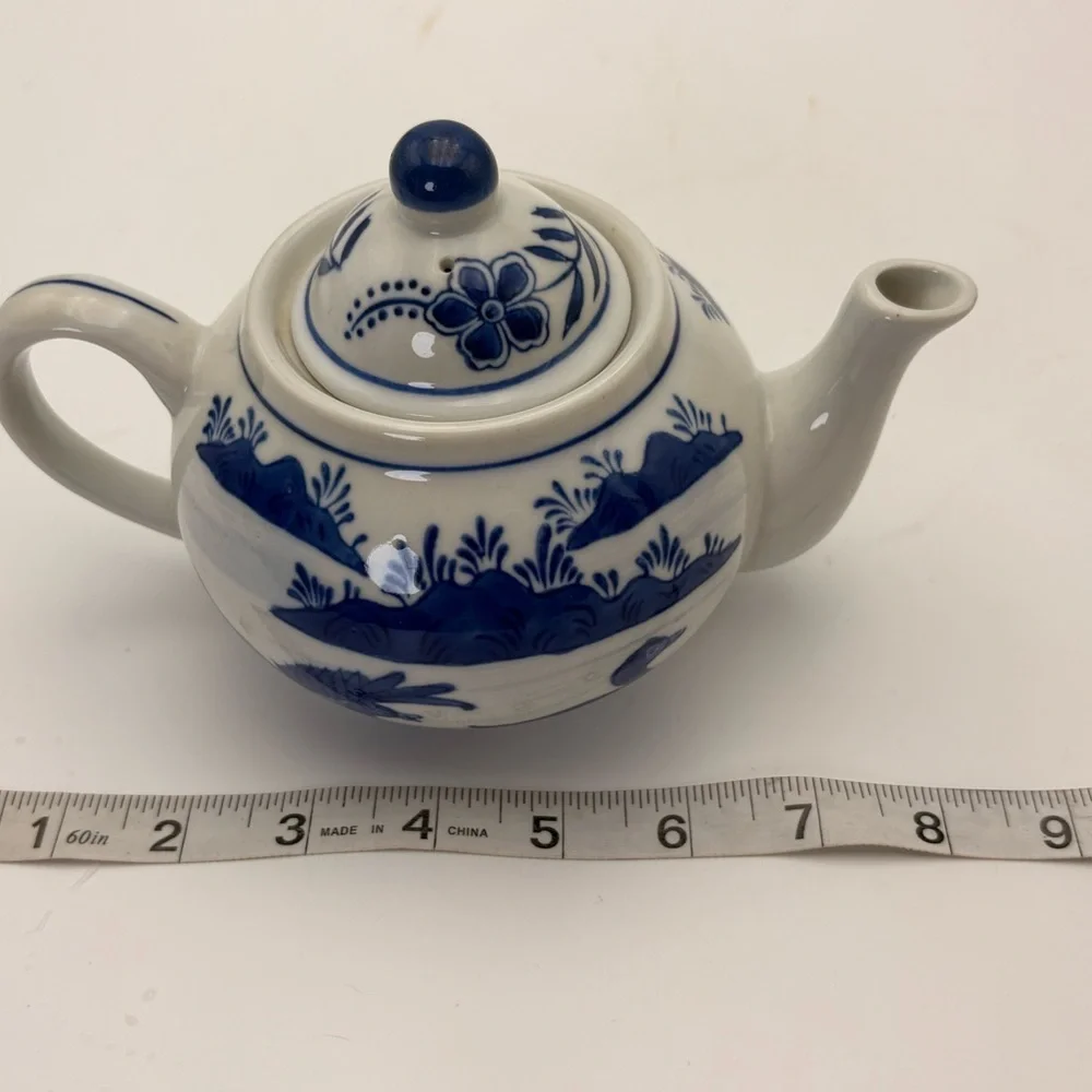 Vintage Blue and White Chinoiserie Ceramic Teapot with Ducks on Pond